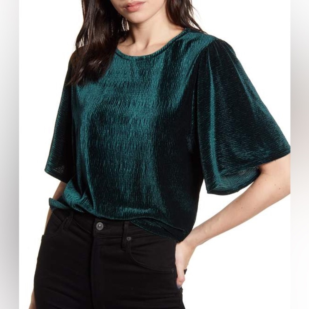 Madewell Texture & Thread Green Velvet Flutter Sleeve Top XXS‎
